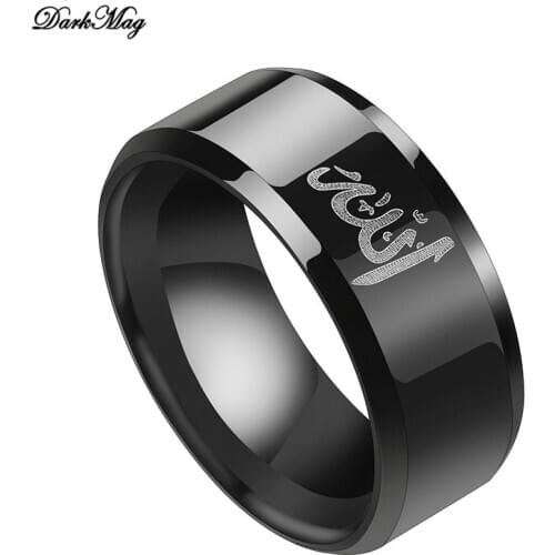 DarkMag 8MM Black Muslim Allah Ring Women Men Islam Arabic God Messager Stainless Steel Ring Quran Middle Eastern