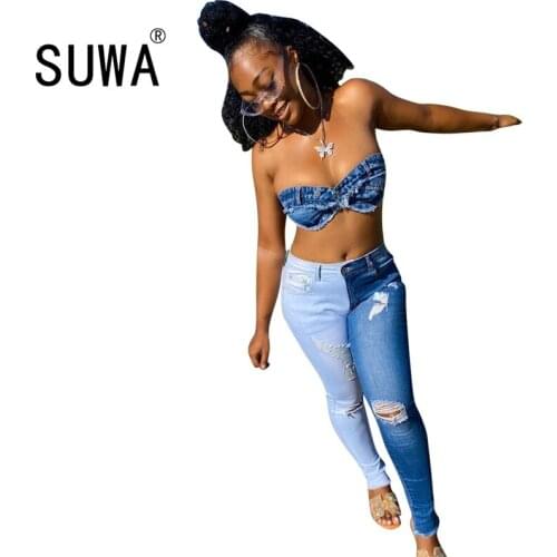 2 color patchwork pencil pants high waist pants jeans new fashion autumn spring clothes skinny classic denim pants