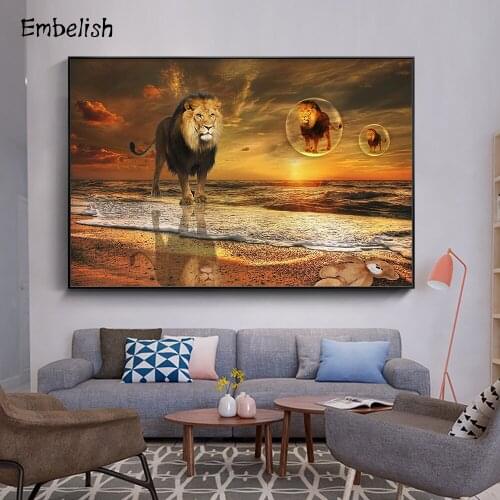 Hot Selling Lion On The Beach Landscape Animals Wall Pictures For Living Room Modern Home Decor Posters Bedroom Artwork