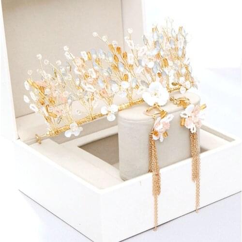 Exquisite Luxury Pearl Crystal Crown with Earrings for Girls Wedding Hair Accessories Bridal Hairwear Princess Jewelry BN