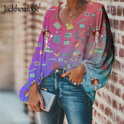 Jackherelook Gradient Cartoon Nurse Doctor Medical Designer Plus Size Blouse for Women Sexy V Neck Tops Shirts Blusas Feminina