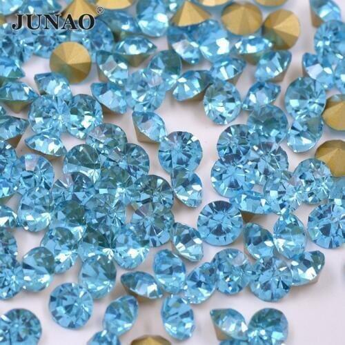 JUNAO SS 6 8 10 12 16 20 30 Aqua Blue Crystal Glass Nail Rhinestones Pointback Glass Strass Diamond Round Crystal Stones