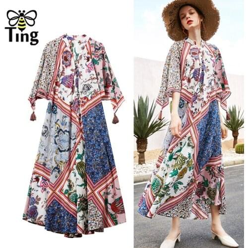 Tingfly Runway Vogue Floral Exotic Loose Fit Summer Long Dress Women Casual Vacation Beach Style Relax Vestidos Zaful Robes Traf