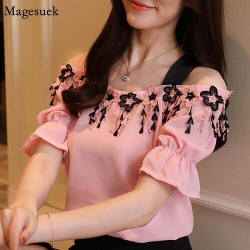 Summer Chiffon Blouse Women 2021 Fashion Short Sleeve Female Shirt Tops Slash Neck Solid Office Ladies Blouses Tops Blusas D836