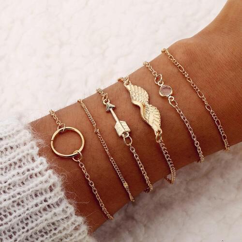 VKME 2019 Ms. Bracelet Vintage Bracelet Set Bohemian Golden Round Arrow Wings Multilayer Chain Bracelet BOHO Jewelry
