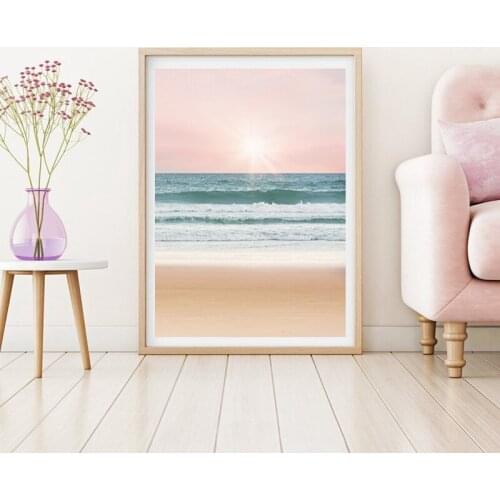 Pink Pastel Coastal Beach Landscape Painting Picture Sunrise Sunset Modern Photo Poster Canvas Print Living Room Wall Art Decor