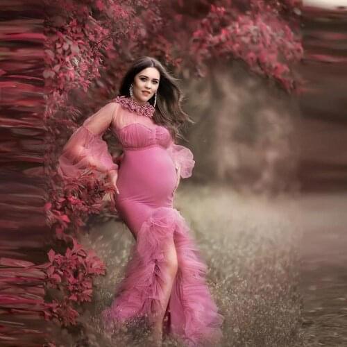 New Mermaid Slit Maternity Gown Long Sleeves Sheer Ruffled Tulle Pregnancy Gowns Plus Size For Photography Custom Made