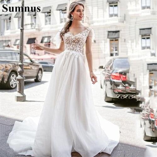 Sumnus Lace Wedding Dress V-Neck A-Line Tulle Short Sleeves Bridal Gowns Simple Beach Wedding Gowns Custom Made vestido de noiva