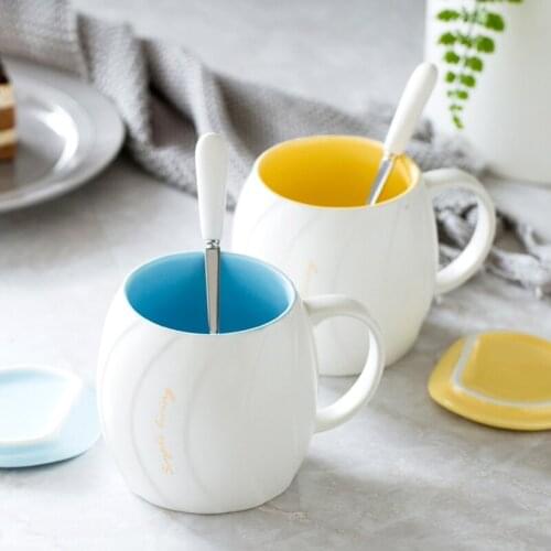 Simple Ceramic Large Capacity Coffee Cup With Cover Spoon Creative Home Breakfast Milk Mark Container