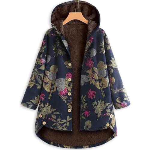 QPFJQD New Autumn Winter Urban Leisure Style Warm Cotton Hooded Parkas Single-Breasted Long Thick Plus Velvet Printed Female