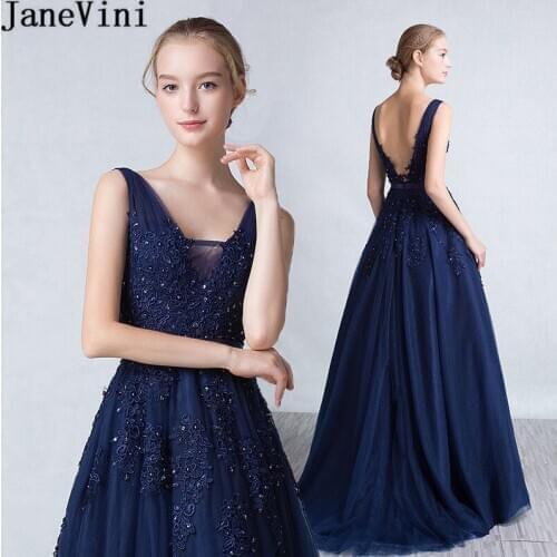 JaneVini Gorgeous Beaded Lace Prom Dresses Long 2019 V Neck Open Back Party Dress Tulle Appliques Sequin Graduation Formal Gowns