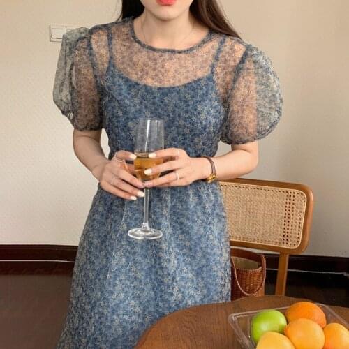 WAKUTA Mesh French Vintage Long Dress 2 Piece Set Women Summer Elegant Party Robe Korean Fashion All Match Chic Floral Dresses