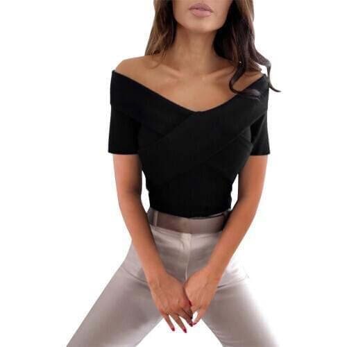 Summer Ladies Elegant Short Sleeve T-shirt Sexy Cross V-neck Tops Casual Tight High Waist Tops Female Clothing Summer Female