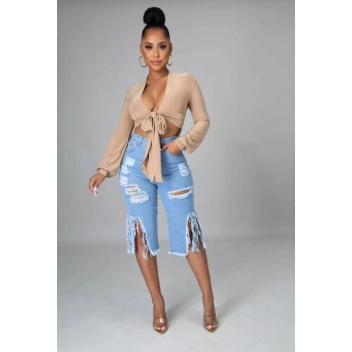 Women Solid Color Short Jeans with Pockets Slim Fit High Waist Split Ripped Denim Shorts Ripped Jeans Fashion Knee Length