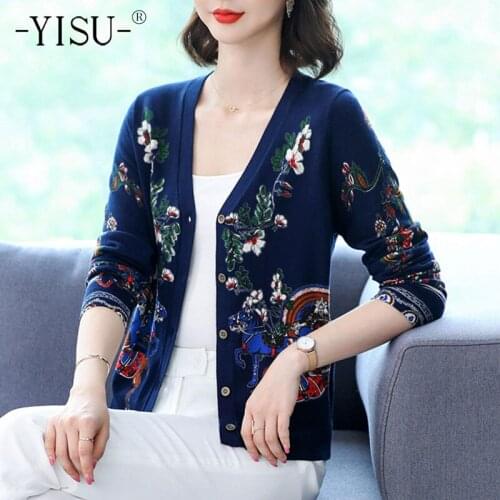YISU Casual Sweater Cardigan Women Flowers Cardigan Long Sleeve V neck Single breasted Printed sweater cardigan Sweater Coat