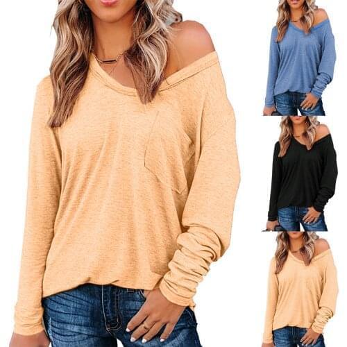 WomenS Pullover Autumn Casual V-Neck Sexy Wild Simple Solid Color Long-Sleeved Pocket Pullover Top толстовка женска 50