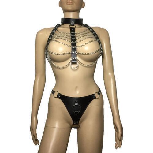 Women Sexy Open Breast Chain Scallops Drape Bra Top and Thong Mistress Body Harness Fetish Costume