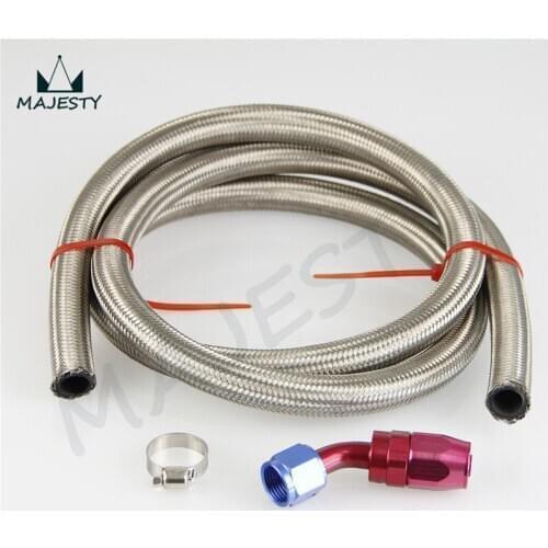 AN-10 10-AN STAINLESS STEEL BRAIDED OIL/FUEL HOSE 3FT +45 DGREE FUEL LINE FITTING BLUE AND RED