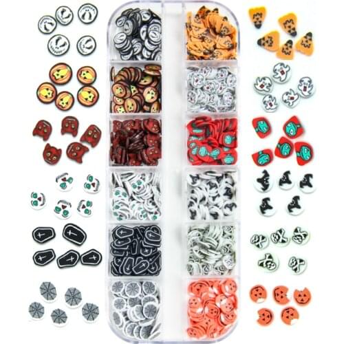 12 Grids 3D Halloween Nail Art Sequins Ghost Pumpkin Skull Polymer Clay Slices Flakes Nail Decorations Manicure Accessories