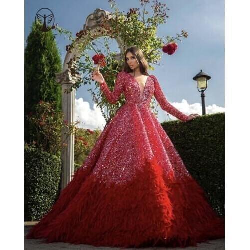 2020 Sexy Red Bling Bling Glitter Fabric Deep V Neck Long Sleeve Low Back Shine A Line Feather Evening Dresses