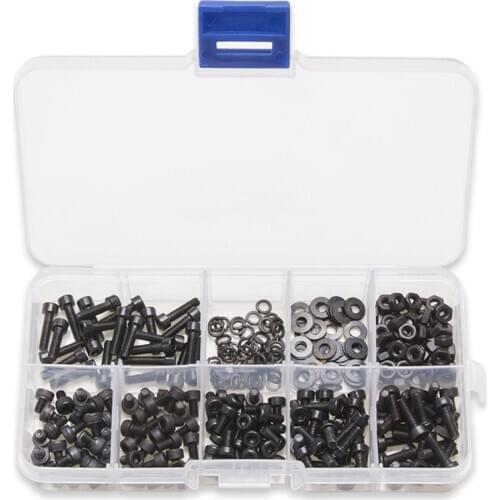 300PCS Black Column Hexagon Screw Bolt Nut M3*4/5/6/8/10/12 Flat Pad Washers Spring Box Kit With Box