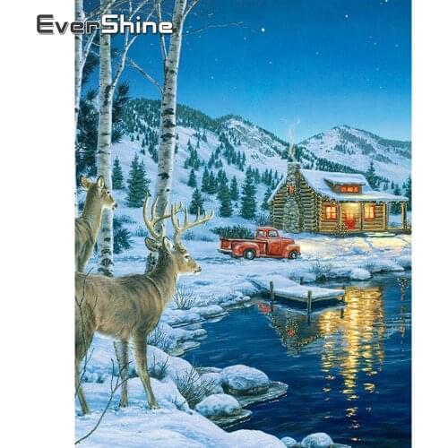 EverShine Full Square Diamond Embroidery Scenic Diamond Painting House Rhinestone Cross Stitch Mosaic Winter Deer Handmade Hobby