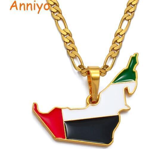 Anniyo The United Arab Emirates Map Flag Pendant Necklaces for Women Men Gold Color Jewelry USE Maps #116906