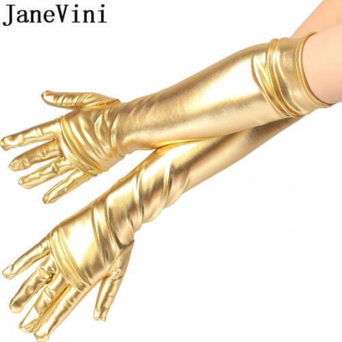JaneVini 2019 Shiny Gold/Silver Long Wedding Gloves For Bride Elbow Length Bridal Gloves Evening Party Glove Wedding Accessories