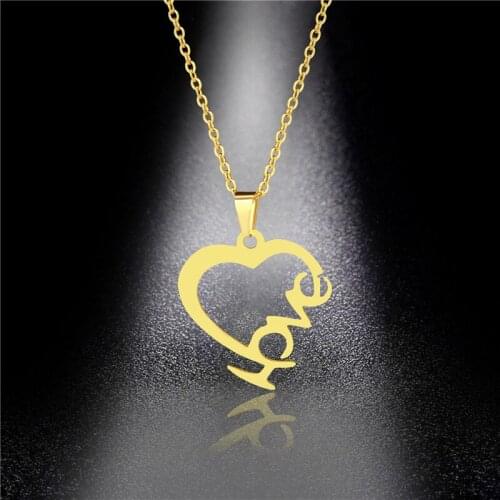Gold Color Stainless Steel Heart Pendant Necklace for Women Fashion Letter Love Kiss Chains Choker Collares Goth Jewelry
