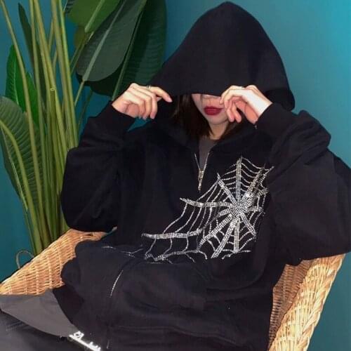 Black Harajuku Top Outwear Zipper Jackets Women Winter Gothic Punk Spider Web Hooded Coats Woman Grunge Plus Size Cotton Hoodies