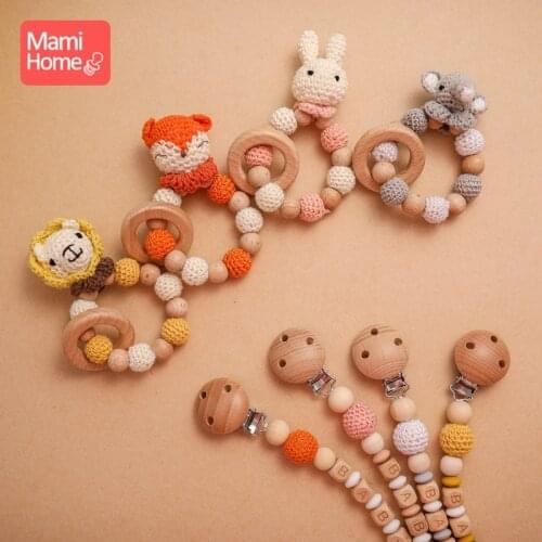 Baby Wooden Rattles Crochet Animal Music Bell Baby Personalized Name Pacifier Chain Teething Bracelets Rodent Newborn Gifts