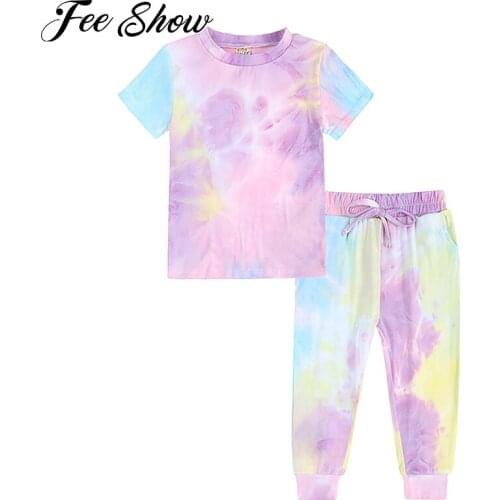 2Pcs Kids Girls Boys Cotton Tie Dye Print Summer Sport Suit Short Sleeves T-shirt Pants Sport Set Running Gym Workout Sportswear