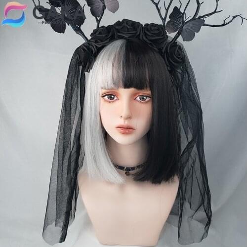 GAKA Two Tone Ombre Synthetic Wigs Black and White Hair for Women Party Cosplay Bob Style with Bangs Free Cap