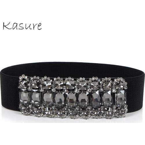 Kasure Luxurious Big Crystal Wide Waist Belt High Elastic Cummerbund Corset Waistband For Women Elegant Dazzing Rhinestone Deco