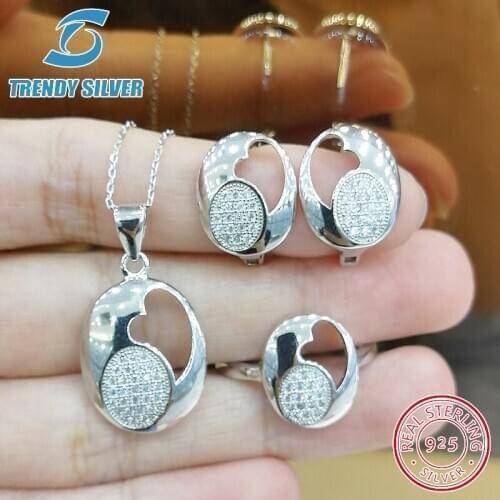 Complete pure 925 sterling silver zirconia clear CZ luxury jewelry set ring earrings for woman pendant necklace trendy design