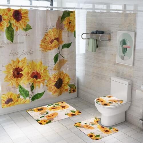 Bath Mats Set Floral Printed Anti Slip Carpet Shower Curtain Absorbent Bathroom Cover Toilet Seat Rugs Toilet Bathroom Set 4pcs