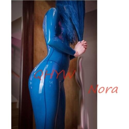 Latex Catsuit Sexy Women Transparent Blue Fetish Gummi Rubber Bodysuit Womens Zentai with Back Zipper Handmade
