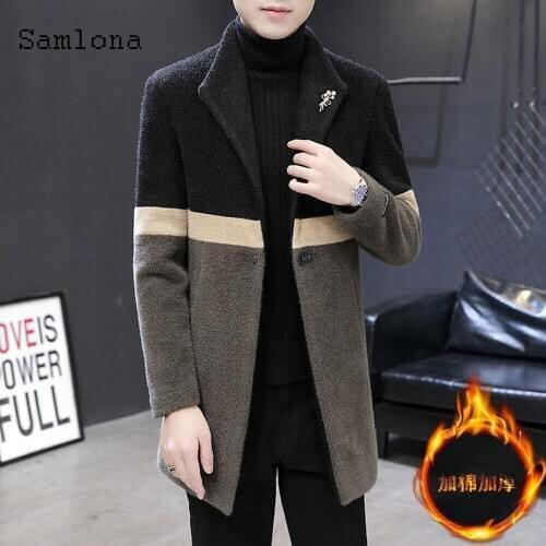 Samlona Mens Kpop Style Long Wool Blends Coats Spring Lapel Collar retro Jacket Patchwork Outerwear Men Winter Warm Clothes 2021