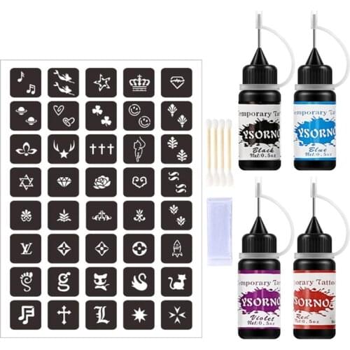 Temporary Tattoos Kit 4 Bottles Semi Permanent Freehand Ink with Adhesive Stencils Set Paste DIY Tattoos Temp for Kids Women Adu