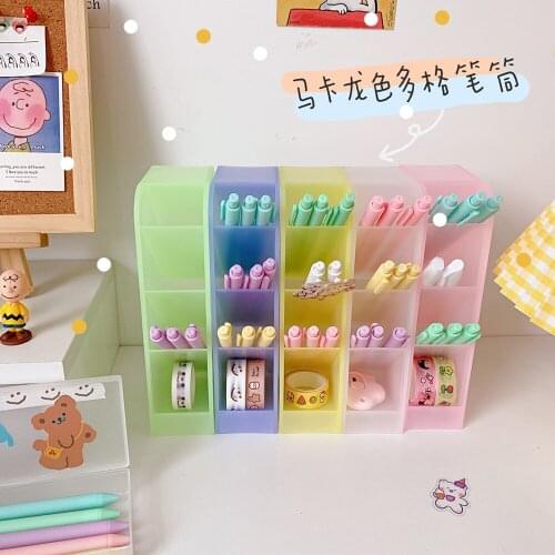 Macaron Color Desktop Pen Holder Pencil Makeup Brush Storage Box 4 Grid Oblique Insertion Desktop Organizer School Stationery