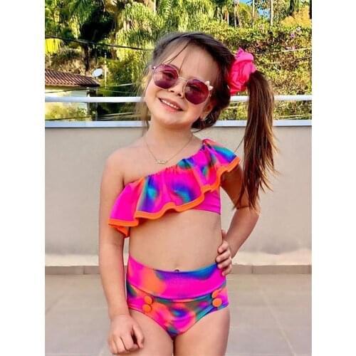 2021 New Children Girls Bikinis Set Sleeveless Tie-dye Ruffle Top and Panty Swimsuit Two-piece Suit for Swimming Vacation Beach