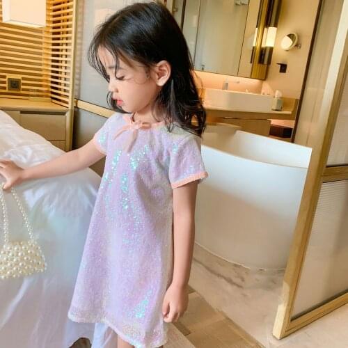 New Kids Glitter Sequined Party Costume Fairy Summer Dress Girls Short Sleeves Patchwork Princess Party Clothing With Bow