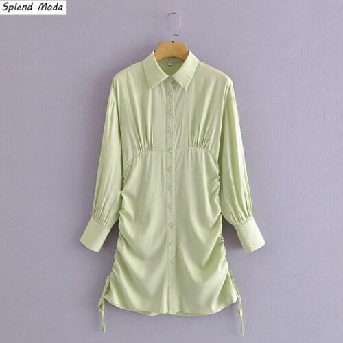 Autumn Fashion Sexy Chic Folds Draw String Lace-Up Single Breasted Slim-Fitting Mini Dress Women Solid Color Vestido Female