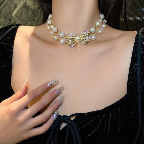 European and American retro court style design double-layer pearl diamond inlaid Necklace net red light luxury fashion necklace