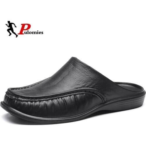 PULOMIES Men Loafers Slip On Casual Walking Shoes Leather Men Slippers Comfortable Soft Slippers Size 47