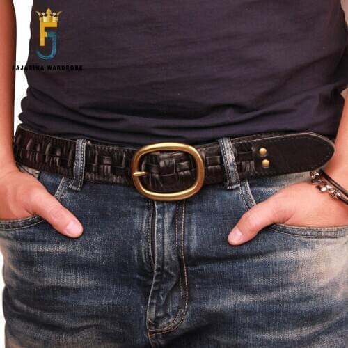 FAJARINA Top Quality Men‘s Cowhide Leather Belts Solid Knitting Pure Cow Skin Brass Pin Buckle Metal Belt for Men 3.8cm N17FJ889