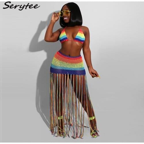 Serytee Women Corset Knit Beach Two Piece Set Skirt 2021 Summer Striped Halter Crop Top And Long Tassel Skirt Boho Outfit Sets