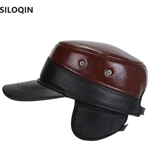 XdanqinX New Winter Mens Warm Military Hats Earmuffs Hat Genuine Leather Cap Men Flat Caps Adjustable Size Cowhide Leather Hat