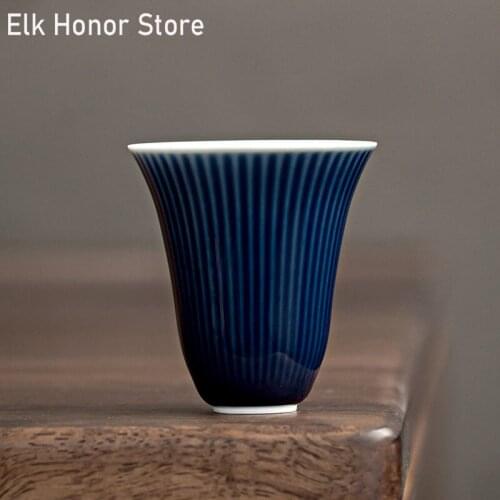 2pc/Set 35ml Striped Ji Blue Ceramic TeaCup Cup Kung Fu Tea Maker Single Master Cup Smell Cup Kung Fu Tea Set Drinking Teaware