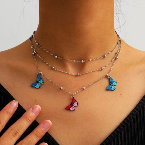 Vintage Multilayer Copper Beads Chains Colorful Butterfly Pendant Necklace Women Fashion Geometric Necklace Jewelry XR3225